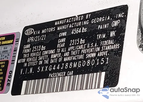 2021 Kia K5 Gt z USA, uszkodzony, nr VIN 5XXG44J88MG080151